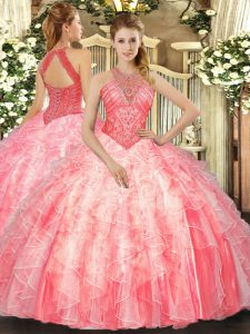Cheap Floor Length Watermelon Red Quince Ball Gowns High-neck Sleeveless Lace Up