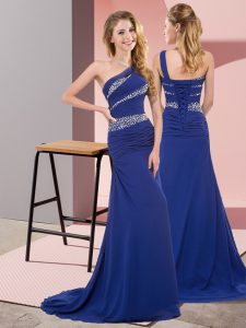 Sleeveless Floor Length Beading Lace Up Evening Dress with Blue Sweep Train
