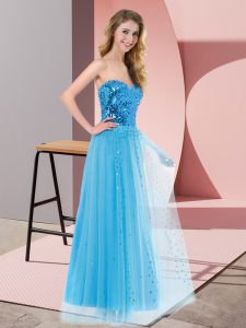 Blue Sleeveless Floor Length Sequins Lace Up Prom Evening Gown