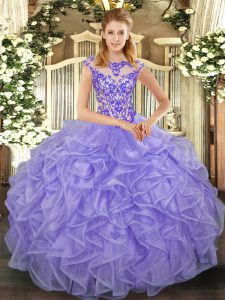 Sexy Cap Sleeves Lace Up Floor Length Beading and Appliques and Ruffles Quinceanera Dress