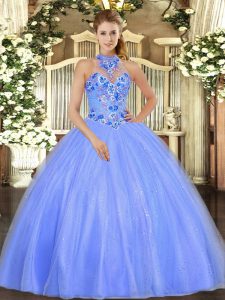 Blue Tulle Lace Up Halter Top Sleeveless Floor Length Sweet 16 Dresses Embroidery