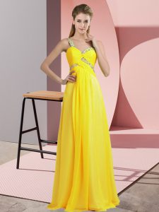 Affordable Yellow Chiffon Lace Up Evening Dress Sleeveless Floor Length Beading