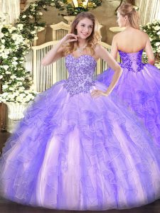 Sweet Lavender Ball Gowns Appliques and Ruffles 15th Birthday Dress Lace Up Tulle Sleeveless Floor Length