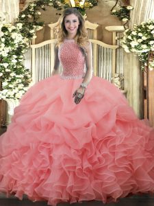 Wonderful Sleeveless Organza Floor Length Lace Up Sweet 16 Quinceanera Dress in Watermelon Red with Beading and Ruffles 