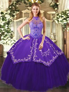Charming Floor Length Purple Sweet 16 Quinceanera Dress Halter Top Sleeveless Lace Up