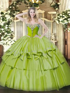 Organza and Taffeta Sweetheart Sleeveless Lace Up Beading and Ruffled Layers Quinceanera Gowns in Olive Green