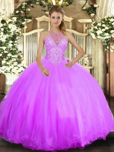 Artistic Lilac Quinceanera Gown Military Ball and Sweet 16 and Quinceanera with Beading Halter Top Sleeveless Lace Up