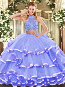 Sleeveless Tulle Floor Length Criss Cross Quinceanera Dress in Lavender with Beading and Ruffled Layers