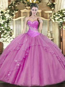 Lilac Sleeveless Floor Length Beading Lace Up Quinceanera Dresses