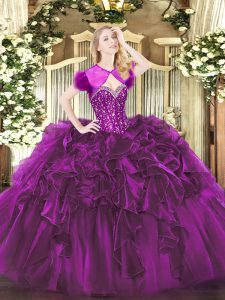 Top Selling Purple Ball Gowns Sweetheart Sleeveless Organza Floor Length Lace Up Beading and Ruffles Sweet 16 Quinceaner