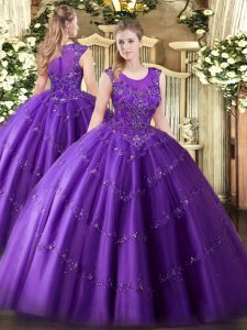 Comfortable Purple Zipper 15th Birthday Dress Beading and Appliques Sleeveless Floor Length