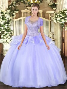 New Arrival Organza and Tulle Scoop Sleeveless Clasp Handle Beading and Ruffles Quinceanera Gowns in Lavender
