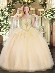Affordable Sleeveless Lace Up Floor Length Beading Sweet 16 Dress