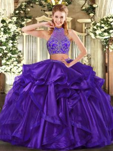 Dynamic Floor Length Purple Ball Gown Prom Dress Halter Top Sleeveless Criss Cross