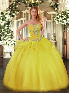Noble Gold Ball Gowns Tulle Sweetheart Sleeveless Beading Floor Length Lace Up Vestidos de Quinceanera