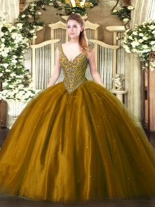 Ball Gowns Sweet 16 Quinceanera Dress Brown V-neck Tulle Sleeveless Floor Length Lace Up