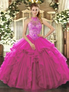 Admirable Fuchsia Organza Lace Up Halter Top Sleeveless Floor Length Ball Gown Prom Dress Beading and Ruffles