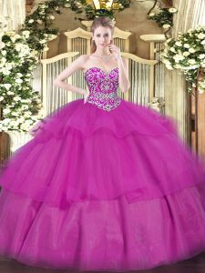 Fuchsia Sweetheart Neckline Beading and Ruffled Layers Ball Gown Prom Dress Sleeveless Lace Up