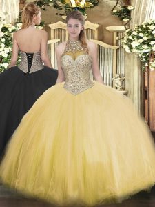 Fabulous Floor Length Gold Quinceanera Gowns Tulle Sleeveless Beading