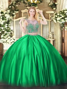 Satin Scoop Sleeveless Lace Up Beading Sweet 16 Quinceanera Dress in Green