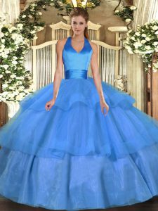 Ruffled Layers Quinceanera Gown Baby Blue Lace Up Sleeveless Floor Length