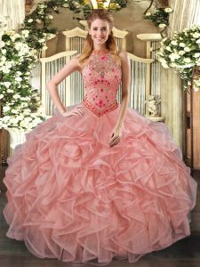 Admirable Ball Gowns Quince Ball Gowns Peach Halter Top Organza Sleeveless Floor Length Lace Up