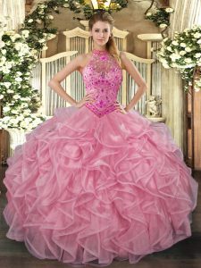 Classical Sleeveless Organza Floor Length Lace Up Vestidos de Quinceanera in Baby Pink with Embroidery and Ruffles
