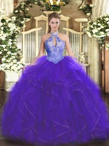 Purple Lace Up Sweet 16 Dress Ruffles and Sequins Sleeveless Floor Length