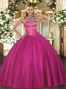 Hot Pink Ball Gowns Halter Top Sleeveless Satin Floor Length Lace Up Beading Quinceanera Gowns