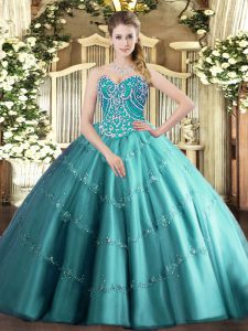 Dazzling Floor Length Teal Ball Gown Prom Dress Tulle Sleeveless Beading and Appliques