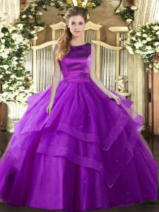 Ruffled Layers Quinceanera Dresses Eggplant Purple Lace Up Sleeveless Floor Length