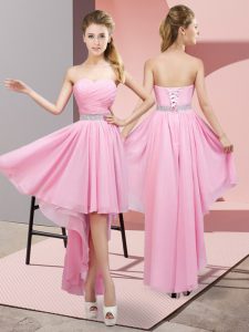 Pink Chiffon Lace Up Homecoming Dress Sleeveless High Low Beading