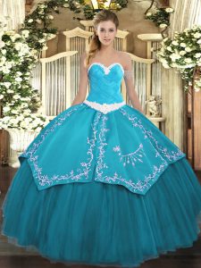 Appliques and Embroidery Sweet 16 Dresses Teal Lace Up Sleeveless Floor Length