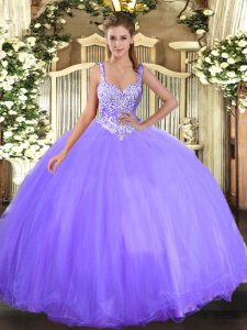 Cute Lavender Ball Gowns Beading Ball Gown Prom Dress Lace Up Tulle Sleeveless Floor Length