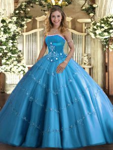 Cute Floor Length Baby Blue Quinceanera Dresses Strapless Sleeveless Lace Up