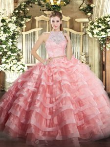 Scoop Sleeveless Quinceanera Gowns Floor Length Lace and Ruffled Layers Watermelon Red Tulle
