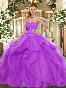 Shining Floor Length Lace Up Quinceanera Gowns Lilac for Military Ball and Sweet 16 and Quinceanera with Beading and Ruf