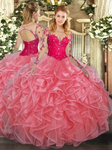 Floor Length Ball Gowns Long Sleeves Watermelon Red Quinceanera Gowns Lace Up