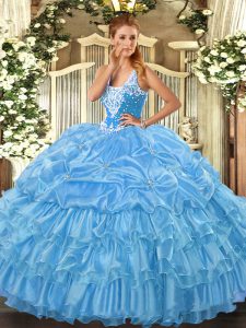 Sleeveless Organza Floor Length Lace Up Quince Ball Gowns in Baby Blue with Beading and Ruffled Layers and Pick Ups