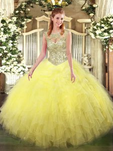 Latest Yellow Sweet 16 Dresses Military Ball and Sweet 16 and Quinceanera with Beading and Ruffles Scoop Sleeveless Lace