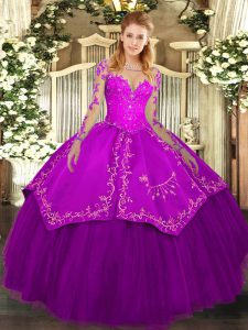 Stunning Floor Length Ball Gowns Long Sleeves Purple Quinceanera Dress Lace Up