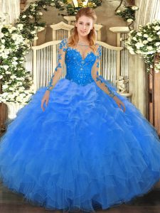 Blue Long Sleeves Floor Length Lace and Ruffles Lace Up Quinceanera Dress