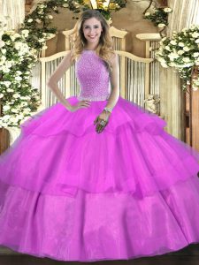 Enchanting Floor Length Lilac Sweet 16 Quinceanera Dress High-neck Sleeveless Lace Up