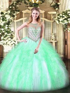 Apple Green Ball Gowns Tulle Scoop Sleeveless Beading and Ruffles Floor Length Zipper Vestidos de Quinceanera