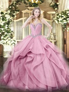 Unique Pink Sleeveless Floor Length Beading and Ruffles Lace Up 15 Quinceanera Dress