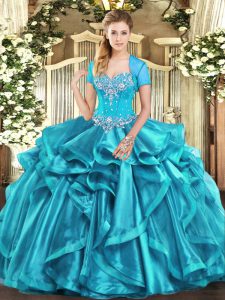Adorable Aqua Blue Sleeveless Floor Length Beading and Ruffles Lace Up Sweet 16 Dress