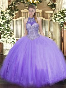 Lavender Ball Gowns Halter Top Sleeveless Tulle Floor Length Lace Up Beading Sweet 16 Quinceanera Dress