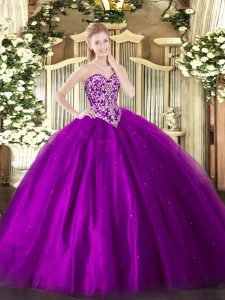 Designer Floor Length Lace Up Quince Ball Gowns Eggplant Purple for Military Ball and Sweet 16 and Quinceanera with Bead