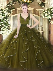 Olive Green Ball Gowns Straps Sleeveless Tulle Floor Length Zipper Beading and Ruffles Quince Ball Gowns