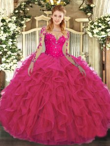 Hot Pink Sweet 16 Quinceanera Dress Military Ball and Sweet 16 and Quinceanera with Lace and Ruffles Scoop Long Sleeves 